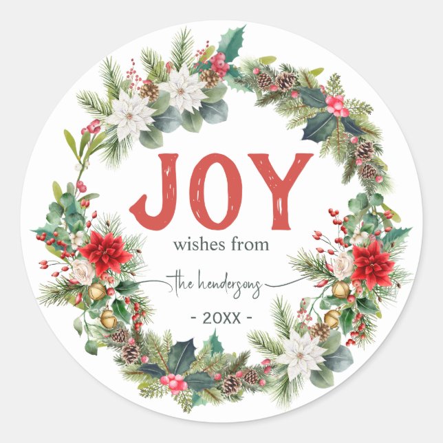 Pegatina Redonda Joy Rustic Typography Name Christmas Wreath  Red  (Anverso)
