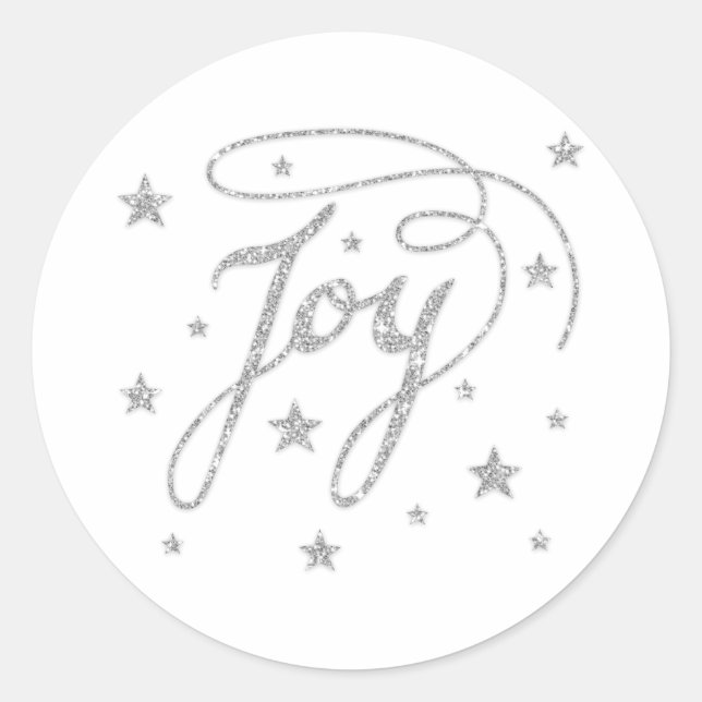 Pegatina Redonda JOY Text In Faux Silver Purpurina look with Stars (Anverso)