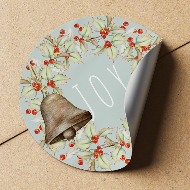 Pegatina Redonda JOY Typography Holly Berries Wreath Blue Navidades (Subido por el creador)