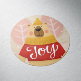 Pegatina Redonda Joy Woodland Winter Bear | Festividad de los Navid