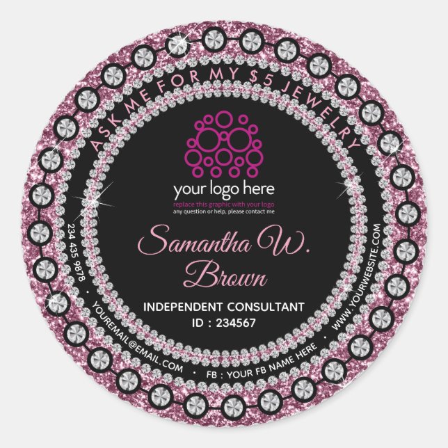 Pegatina Redonda Joyas Brillantes Rosa (Anverso)