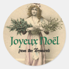 Pegatina Redonda Joyeaux Noel Vintage Navidades Franceses De Paquet