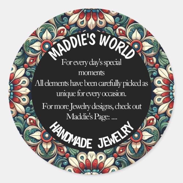 Pegatina Redonda Joyería hecha a mano (Anverso)