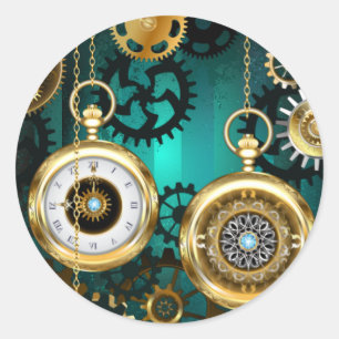 Pegatina Redonda Joyería Steampunk Reloj en un fondo verde