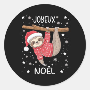 Pegatina Redonda Joyeux Noël Francés Sloth Colgando Feliz Navidad