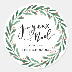 Pegatina Redonda Joyeux Noel Guión Casual Simple   Wreath