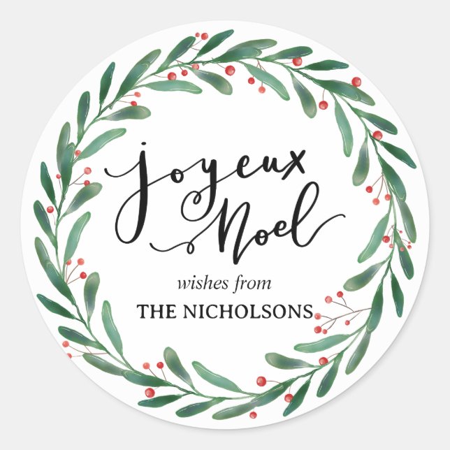 Pegatina Redonda Joyeux Noel Guión Casual Simple | Wreath (Anverso)