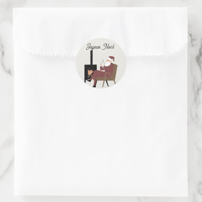 Pegatina Redonda Joyeux Noël Père Noël devant la Cheminée (Bolso)