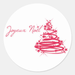 Pegatina Redonda Joyeux Noël rojo con árbol de Navidad