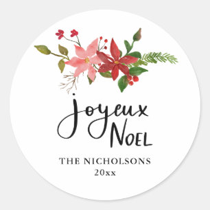 Pegatina Redonda Joyeux Noel Script manuscrito Poinsettia