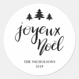 Pegatina Redonda Joyeux Noel   Vacaciones modernas manuscritas