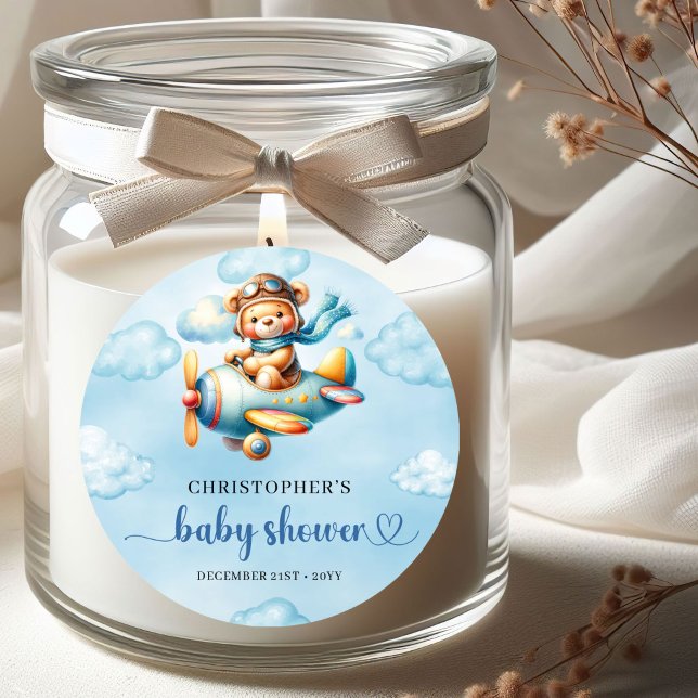Pegatina Redonda Joyful Boy Shower Pilot Bear Blue Party Sticker (Joyful Boy Shower Pilot Bear Blue Party Sticker)