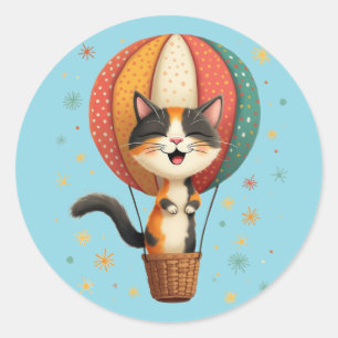 Pegatina Redonda Joyful Calico Cat Sky Adventure Ilustracion
