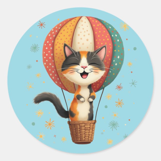 Pegatina Redonda Joyful Calico Cat Sky Adventure Ilustracion (Anverso)