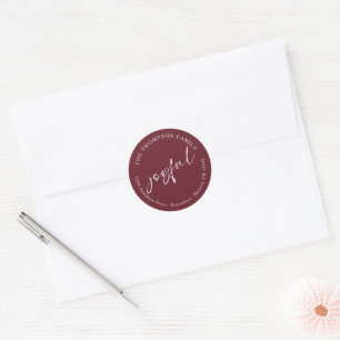 Pegatina Redonda Joyful Calligraphy Return Name Address Burgundy