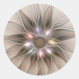 Pegatina Redonda Joyful Flower Abstract Beige Brown Floral Fractal