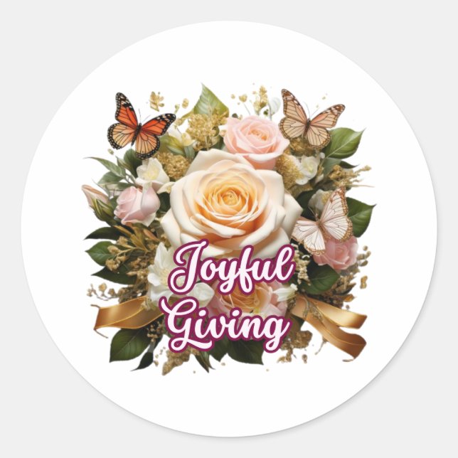 Pegatina Redonda Joyful Giving — Inspirational Sticker for Kindness (Anverso)