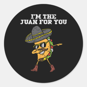 Pegatina Redonda Juan por ti mordiendo el Cinco Mexicano Taco de Ma