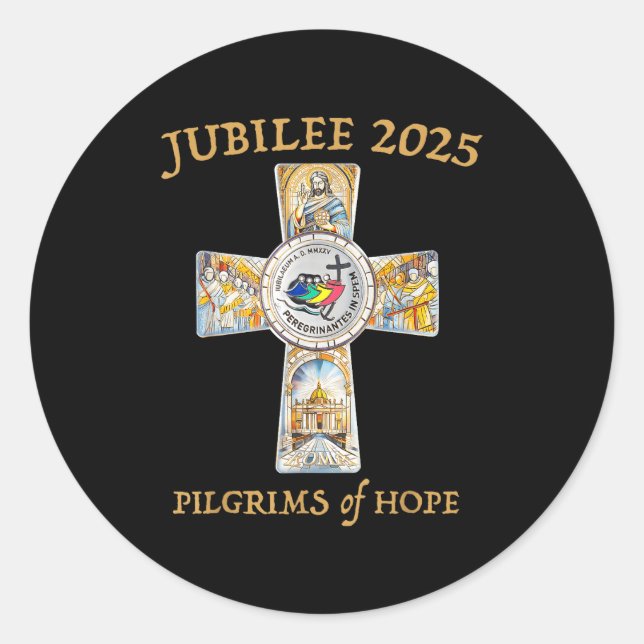 Pegatina Redonda Jubilee 2025 Catholic Christian Lgrims Cross Jesus (Anverso)