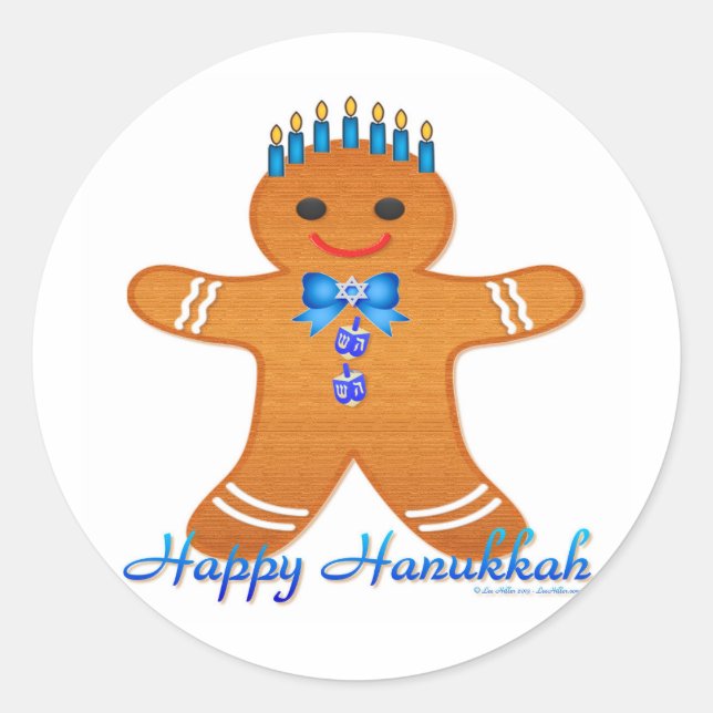 Pegatina Redonda Judaica Hanukkah Gingerbread Man Menorah (Anverso)