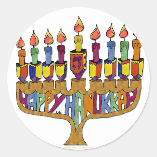 Pegatina Redonda Judaica Happy Hanukkah Dreidel Menorah (Anverso)