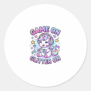 Pegatina Redonda Juego De Unicornio Con Brillo En Diseño Gráfico De