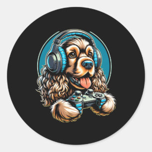 Pegatina Redonda Juego de video Cocker Spaniel Perro Gaming