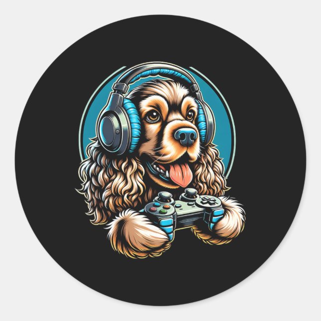 Pegatina Redonda Juego de video Cocker Spaniel Perro Gaming (Anverso)