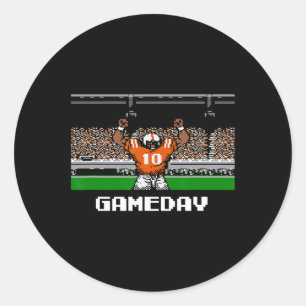 Pegatina Redonda Juego De Video De 8 Bits De Fútbol naranja Y Blanc