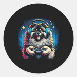 Pegatina Redonda Juego de Video de Auriculares Perro Keeshond Jugan