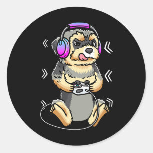 Pegatina Redonda Juego de Video de Perro Morkie Consola de Juegos J