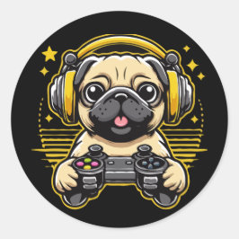 Pegatina Redonda Juego de videojuegos Pug Gaming Pugs