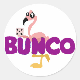 Pegatina Redonda Juego divertido de dados de Bunco y flamenco rosad