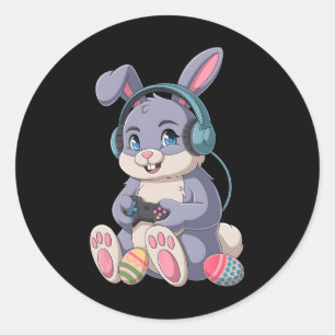 Pegatina Redonda Juego divertido de videojuegos de conejo de pascua