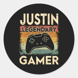 Pegatina Redonda Juego Nombre personalizado Justin Legendario Gamer