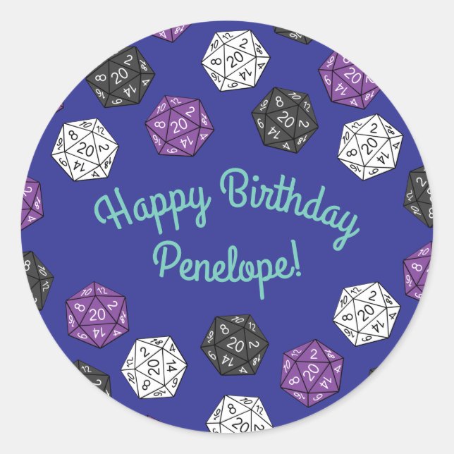 Pegatina Redonda Juegos DND de 20 lados Fiesta de cumpleaños para n (Anverso)