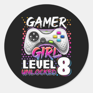 Pegatina Redonda Jugador Chica Nivel 8 Videojuego desbloqueado 8Nac