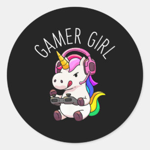 Pegatina Redonda Jugador Chica Unicorn Gaming Cute videojuego Gift 