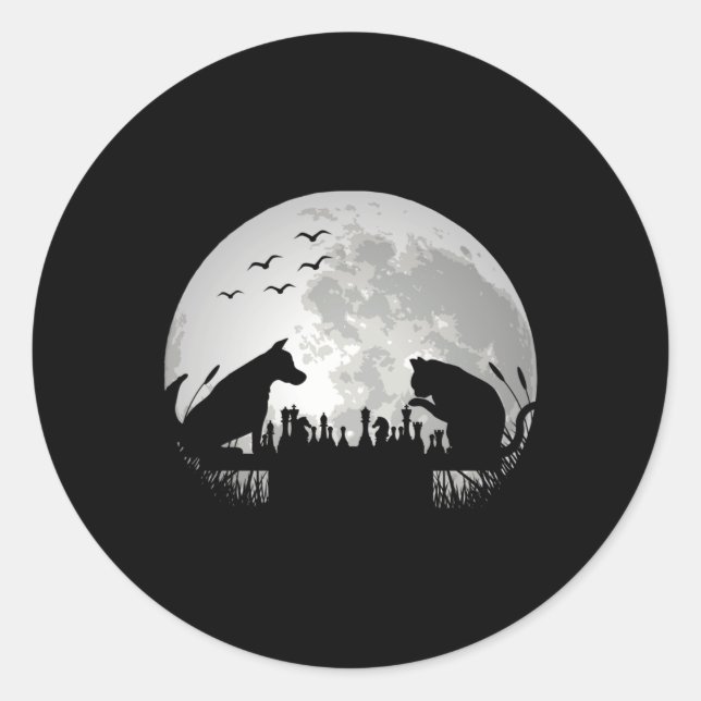 Pegatina Redonda Jugador de ajedrez _ Gato del perro del tablero de (Anverso)