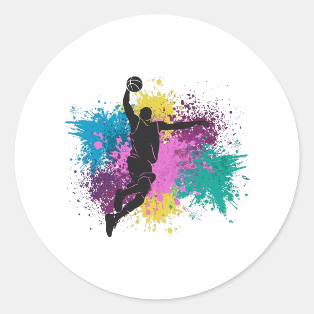 Pegatina Redonda Jugador de baloncesto Grungy Color Splashes (Anverso)