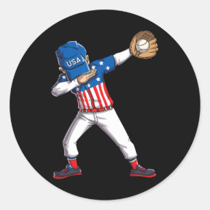 Pegatina Redonda Jugador De Béisbol Haciendo Dab el 4 De Julio De E