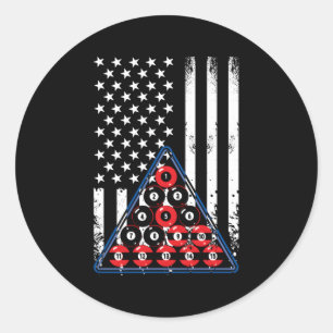 Pegatina Redonda Jugador De Billiard Pool De Bandera Estadounidense