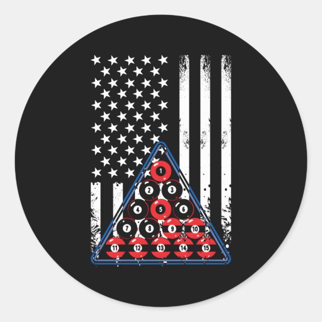Pegatina Redonda Jugador De Billiard Pool De Bandera Estadounidense (Anverso)