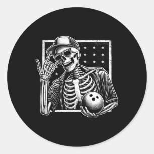 Pegatina Redonda Jugador de bolos de Skeleton Cumpleaños Halloween 