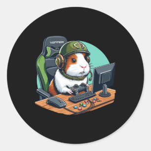 Pegatina Redonda Jugador de cerdo guineano jugando videojuego Anima