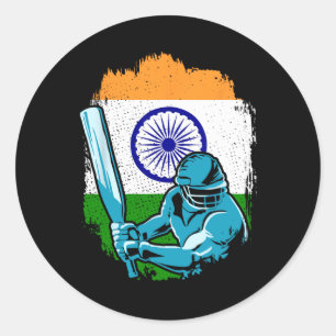 Pegatina Redonda Jugador de críquet de la India Bandera de la India