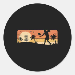 Pegatina Redonda Jugador de Golf de Disco Frisbee Atardecer Retro G