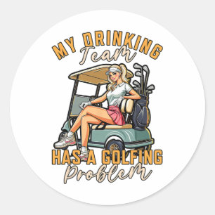 Pegatina Redonda Jugador De Golf Jugando Mi Equipo De Bebidas Tiene
