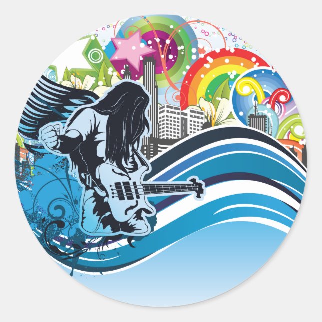 Pegatina Redonda Jugador de guitarra ~ Rock Heavy Metalizado Band M (Anverso)