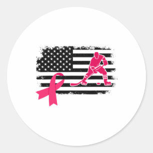Pegatina Redonda Jugador de Hockey Cinta Rosa Bandera EEUU Cáncer d